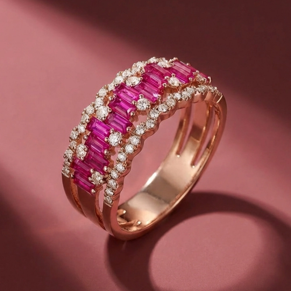 Anillo en oro rosa con zafiros rosas talla baguette y diamantes talla brillante. 